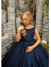 Navy Blue Glitter Tulle Floor Length Flower Girl Dress
